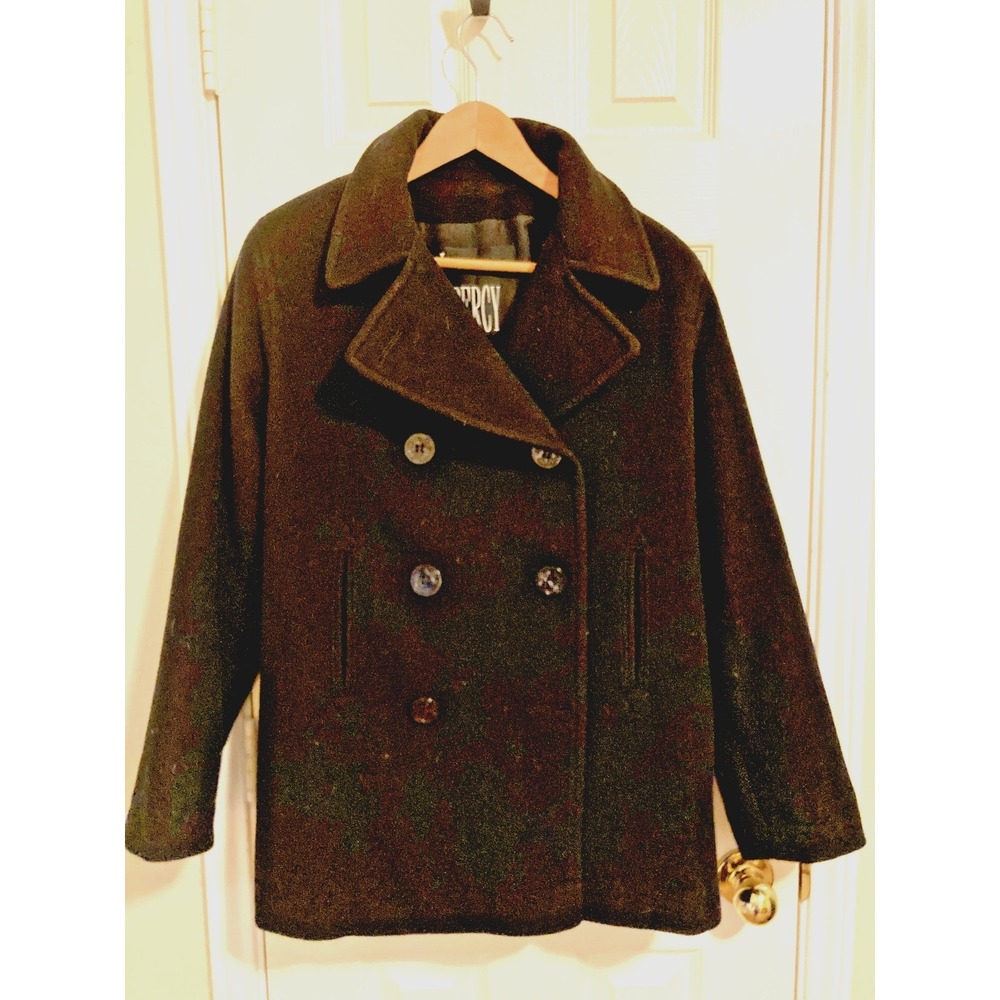J Percy Womens Black 100% Merino Wool Pea Coat Double Breasted VTG Size 6 USA